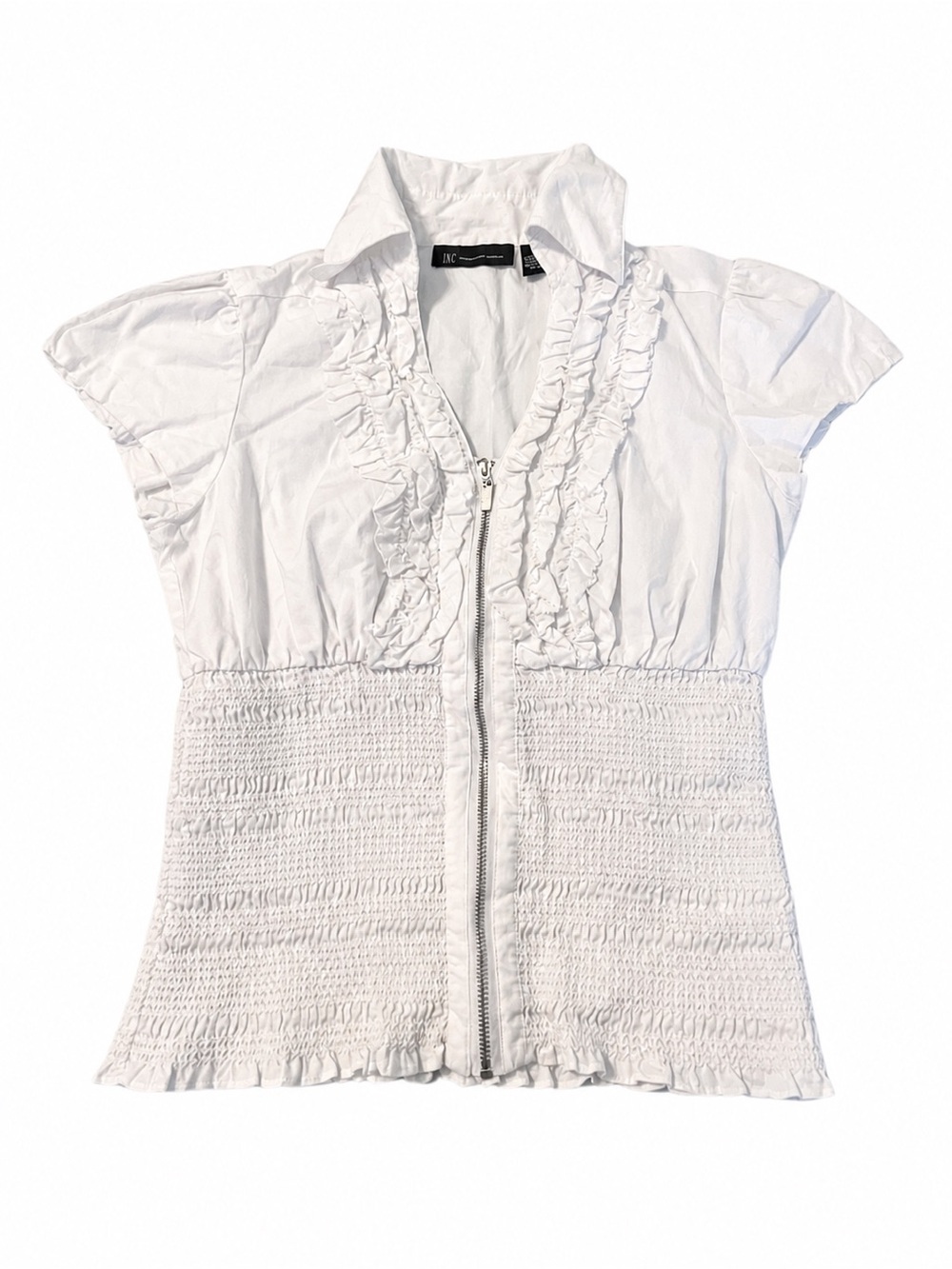 White Ruffle Zip Front Smocked Blouse Feminine Coquette Y2K Top Size 10 - Picture 2 of 6